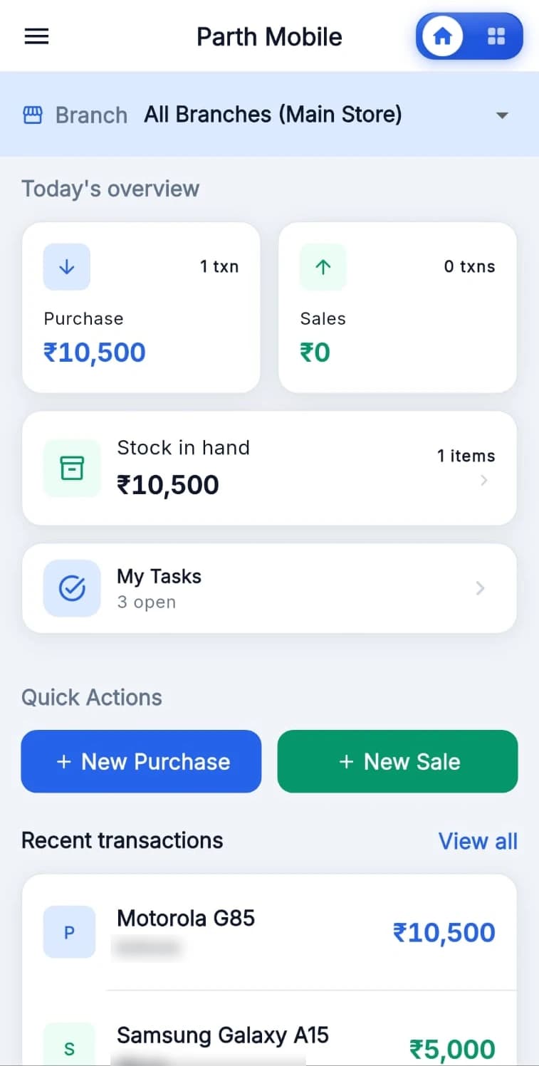 PhoneStock dashboard with today's purchases, sales, stock in hand and New Purchase / New Sale buttons